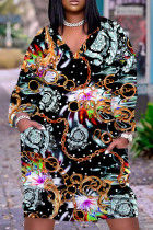 Blue Gray Casual Print Basic V Neck Long Sleeve Plus Size Dresses