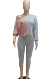 Pink Gray Casual Draw String Patchwork Contrast Oblique Collar Long Sleeve Two Pieces