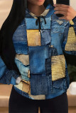 Baby Blue Casual Street Faux Denim Print Draw String Pocket Hooded Tops