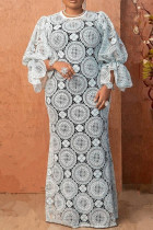 White Elegant Solid Color Hollow Out Patchwork O Neck Long Dresses