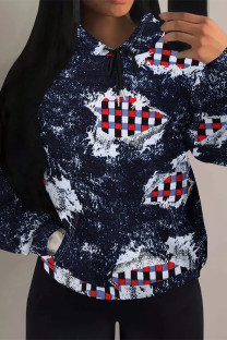 Dark Blue Casual Street Faux Denim Print Draw String Pocket Hooded Tops