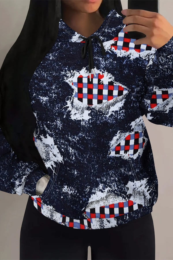 Dark Blue Casual Street Faux Denim Print Draw String Pocket Hooded Tops