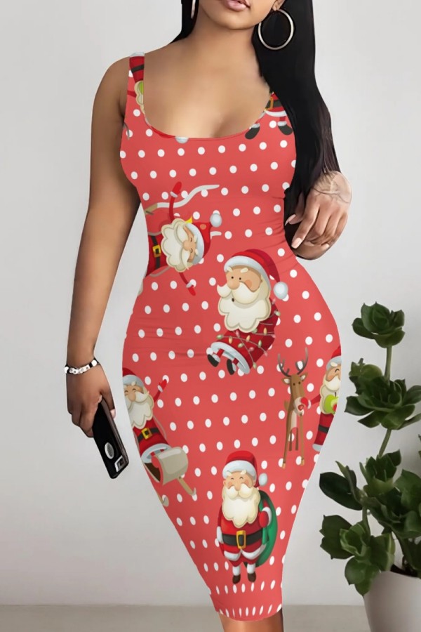 Watermelon Red Casual Santa Claus Print Basic U Neck Vest Dresses