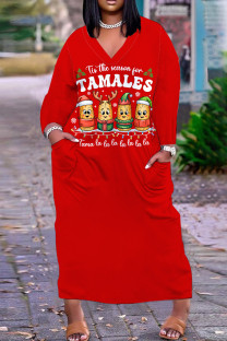 Red Casual Print Pocket V Neck Long Plus Size Dresses