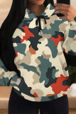 Orange Green Casual Camouflage Print Draw String Pocket Patchwork Hooded Tops