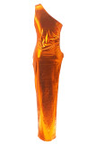 Tangerine Red Sexy Solid Color Patchwork High Slit Oblique Collar Long Dresses