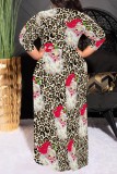 Red Casual Print Basic Belted O Neck Long Plus Size Dresses