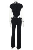 Black Sexy Print Hollow Out Patchwork Deep V Neck Skinny Jumpsuits