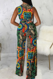 Multicolor Casual Print Patchwork Strap Design Deep V Neck Loose Jumpsuits