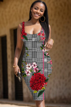 Black White Casual Print Basic U Neck Vest Dresses