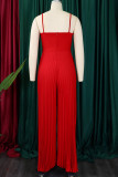 Red Casual Solid Color Patchwork Flower Shape Spaghetti Strap Loose Jumpsuits