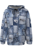 Baby Blue Casual Street Faux Denim Print Draw String Pocket Hooded Tops