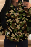 Orange Green Casual Camouflage Print Draw String Pocket Patchwork Hooded Tops