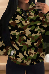 Camouflage Casual Camouflage Print Draw String Pocket Patchwork Hooded Tops