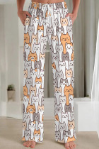 Gray White Casual Print Draw String Pocket Patchwork Loose Mid Waist Straight Full Print Bottoms