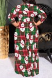 Red Casual Print Basic Belted O Neck Long Plus Size Dresses
