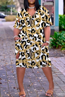 White Gold Casual Print Pocket V Neck Long Sleeve Plus Size Dresses