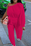 Rose Red Casual Solid Color Patchwork Backless Oblique Collar Loose Jumpsuits