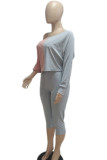 Pink Gray Casual Draw String Patchwork Contrast Oblique Collar Long Sleeve Two Pieces