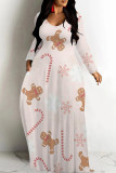 White Casual Print Basic V Neck Long Dresses