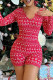 Red Casual Print Patchwork Zipper O Neck Skinny Rompers