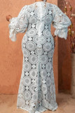 White Elegant Solid Color Hollow Out Patchwork O Neck Long Dresses