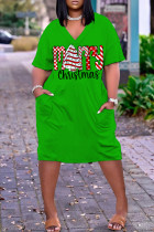 Green Red Casual Letter Print Pocket V Neck Short Sleeve Plus Size Dresses