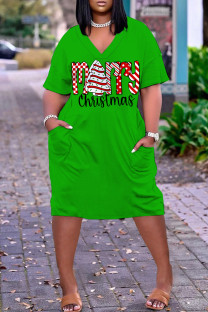 Green Red Casual Letter Print Pocket V Neck Short Sleeve Plus Size Dresses