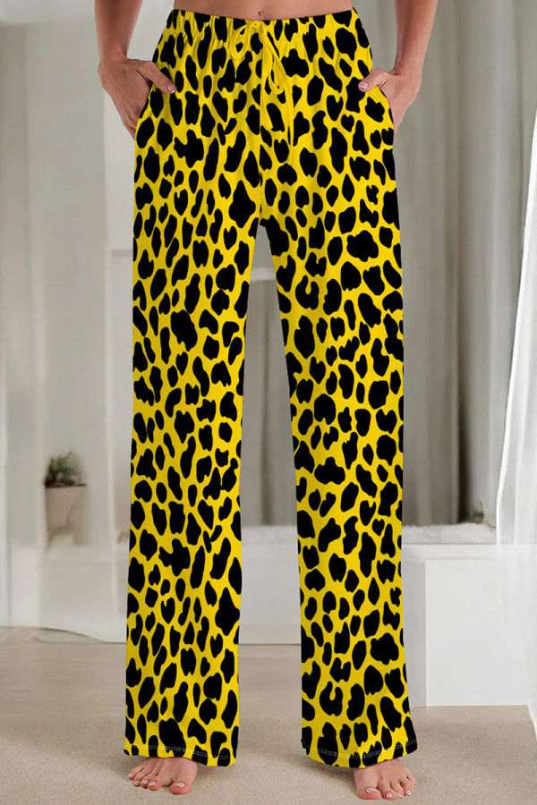 Yellow Casual Print Draw String Pocket Patchwork Loose Mid Waist Straight Full Print Bottoms