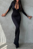 Black Sexy Solid Color Hollow Out Patchwork Cross Straps Deep V Neck Long Dresses