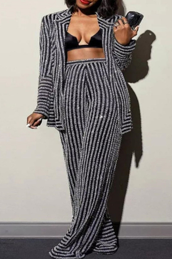 Black Casual Stripe Patchwork Cardigan Collar Long Sleeve Two Pieces