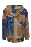 Baby Blue Casual Street Faux Denim Print Draw String Pocket Hooded Tops