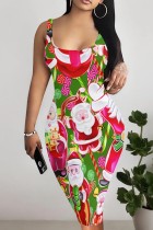 Green Casual Cartoon Print Basic U Neck Vest Dresses