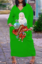 Green Casual Print Pocket V Neck Long Plus Size Dresses