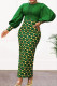 Green Elegant Print Patchwork O Neck Long Dresses