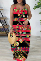 Black Red Sexy Casual Print Backless Spaghetti Strap Long Dresses