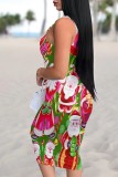 Multicolor Casual Cartoon Print Basic U Neck Vest Dresses