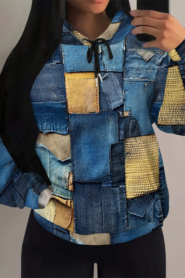 Blue Casual Street Faux Denim Print Draw String Pocket Hooded Tops