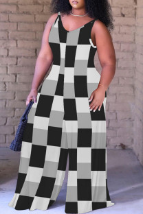Black White Casual Print Backless Spaghetti Strap Plus Size Jumpsuits (With Headscarf)