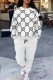 White Casual Street Letter Print Draw String Pocket Contrast O Neck Long Sleeve Two Pieces