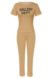 Khaki Casual Street Letter Print O Neck Long Sleeve Two Pieces