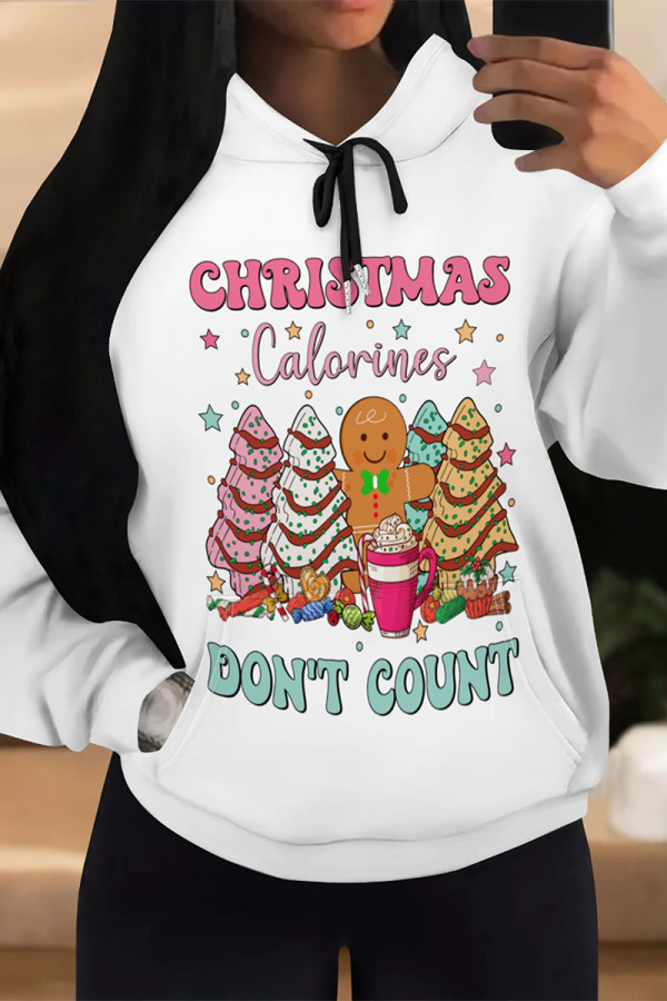 White Pink Casual Christmas Tree Letter Print Bow Draw String Pocket Hooded Tops