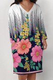 Red Casual Daily National Totem Floral Print Pocket Contrast V Neck Printed Plus Size Dresses