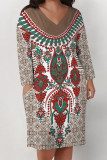 Red Casual Daily National Totem Floral Print Pocket Contrast V Neck Printed Plus Size Dresses
