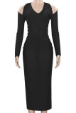 Black Elegant Solid Color Hollow Out Patchwork Deep V Neck Long Dresses