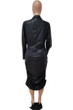 Black Sexy Hot Solid Color Ruched Zipper Collar Long Sleeve Plus Size Dresses