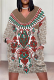 Red Casual Daily National Totem Floral Print Pocket Contrast V Neck Printed Plus Size Dresses