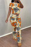 Black Casual Flowers Print Contrast O Neck Sleeveless Two Pieces