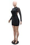 Black Sexy Solid Color Backless Hot Drill Half A Turtleneck Wrapped Skirt Dresses