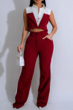 Red Casual Pocket Buckle Patchwork Contrast Turndown Collar Two Pieces